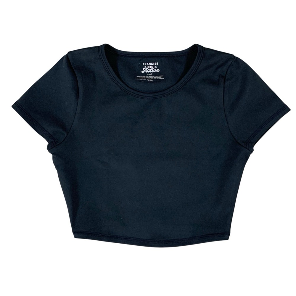Frankies Bikinis Active‎ Black Crop Top S Stretchy Athleisure Minimal Tee